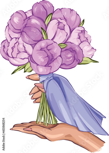 Graphic drawing of a female hand in vector format holding a bouquet of pink peonies