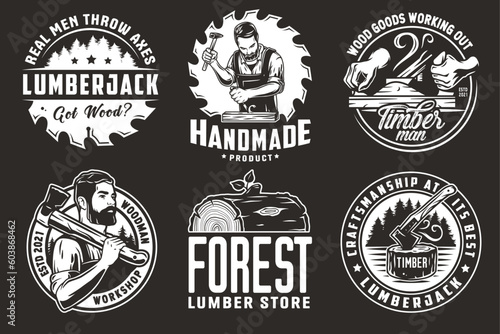 Wooden set of emblems or logos for carpentry or wood carving or sawing. Woody collection of designs for woodworker, carpenter, joiner, timber, lumberjack for workshop, woodworking, sawmill, woodwork
