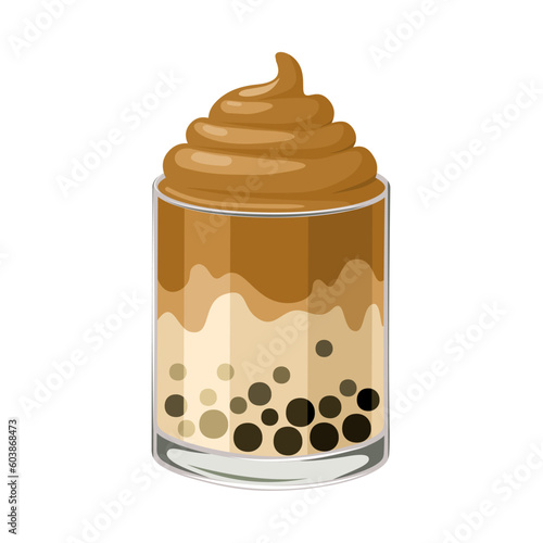 Vector illustration, dalgona coffee with boba, isolated on white background.