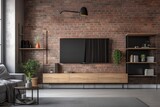 Modern living room with red brick walls and a TV mockup on the cabinet. Generative AI
