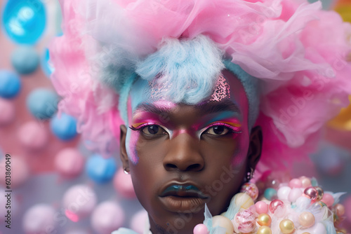 Black African drag queen colorful portrait, closeup. Generative AI