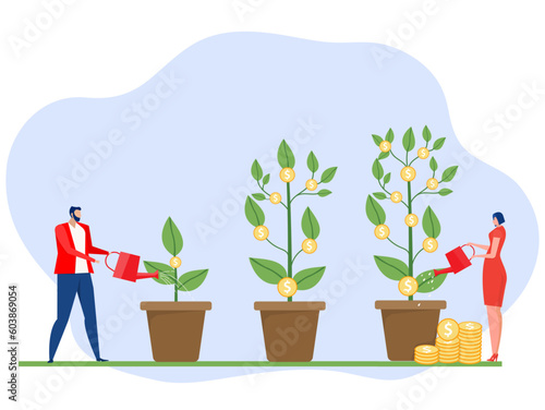 businessman watering small plants and yielding a big tree money coin tree. Financial growth concept. Vector illustration