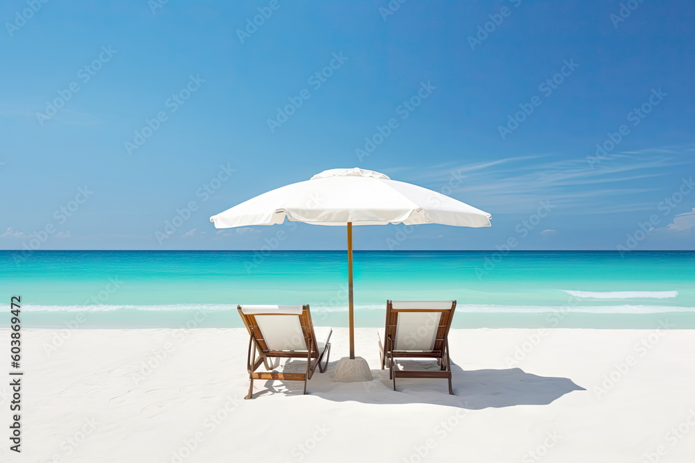 Beautiful beach with white sand, chairs and umbrella, beautiful beach landscape