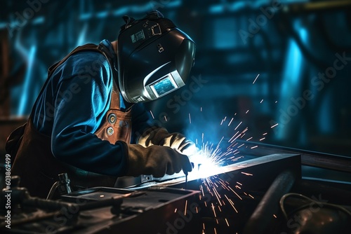 Worker in action, welding a machine. The worker, clad in protective gear, skillfully maneuvering the welding torch with expertise and focus. Generated by generative ai