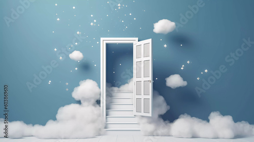 3d abstract blue background with door  ladder and white clouds flying out. Dream metaphor  modern minimal concept  Generative AI