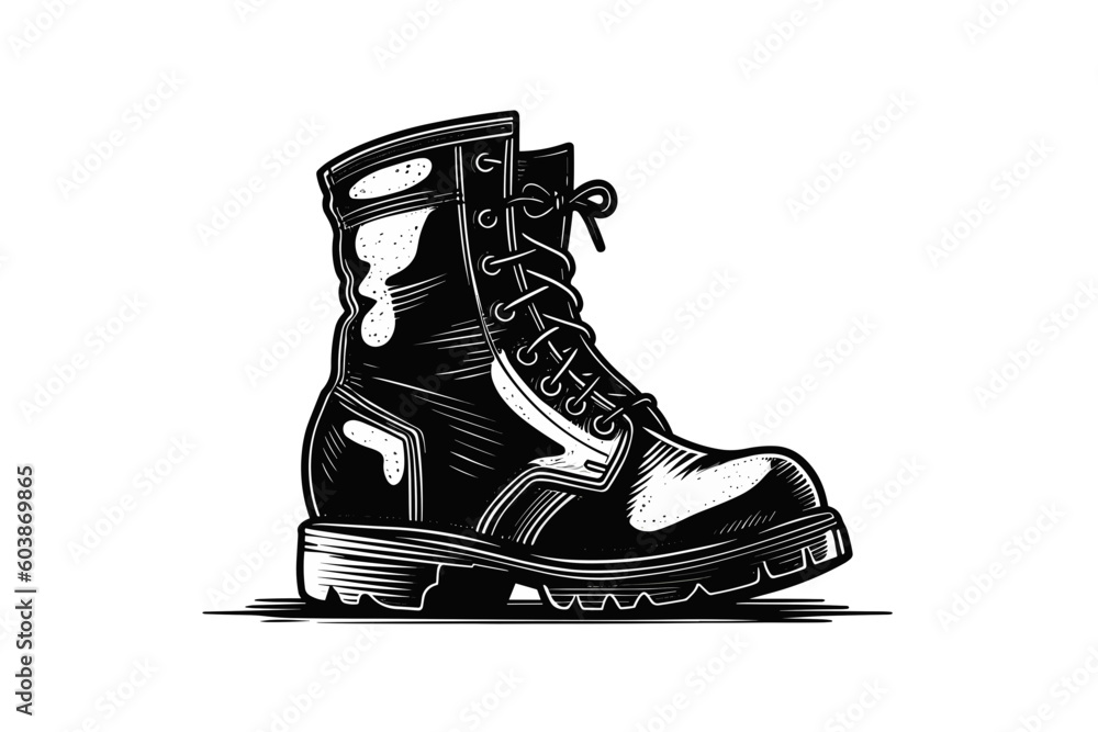 Vetor de Doodle inspired Combat boot, cartoon sticker, sketch, vector