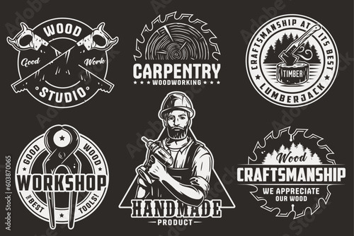 Set of logos for carpentry or wood carving or sawing. Collection of designs for woodworker, carpenter, joiner, timber, lumberjack and craftsman for workshop, woodworking, sawmill and woodwork