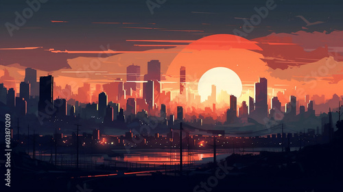 Big city landscape with sun (Created by AI)