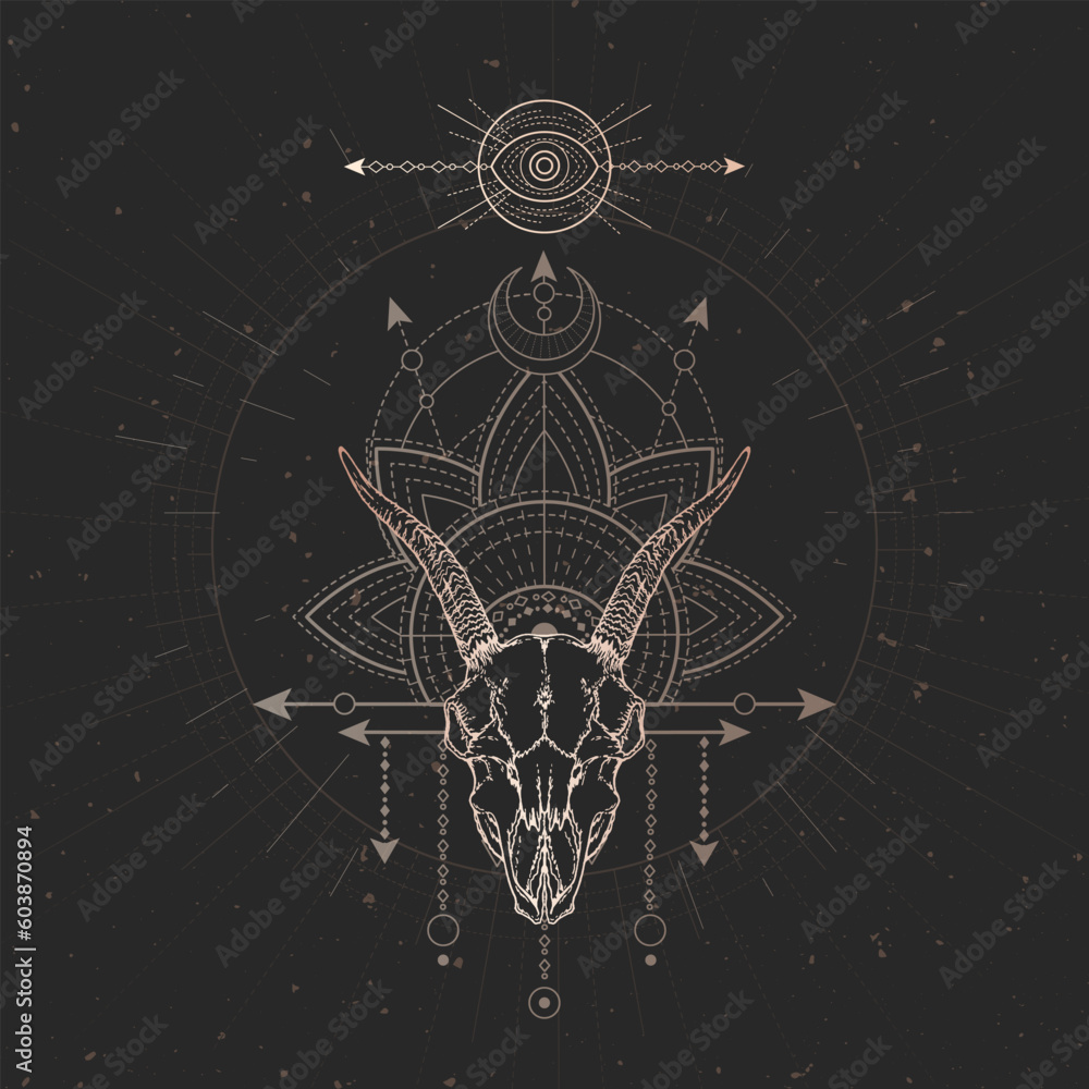 Vector illustration with hand drawn Goat skull and Sacred geometric symbol on black vintage background. Abstract mystic sign. Vector illustration with hand drawn Goat skull and Sacred geometric symbol on black vintage background. Abstract mystic sign.
