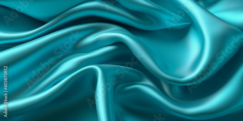 Cyan blue silk satin background, elegant wavy fold by generative AI tools