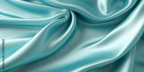 Cyan blue silk satin background, elegant wavy fold by generative AI tools