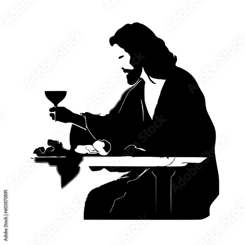 Jesus Breaking Bread, Serving wine, Communion, Silhouette, Vector Illustration