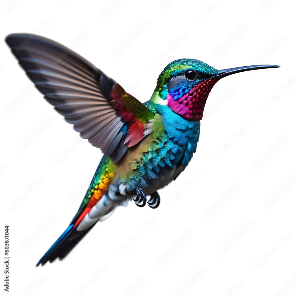 Beautiful rainbow color, flying, sapphire hummingbird, isolated, transparent background, no background. PNG. Generative AI.