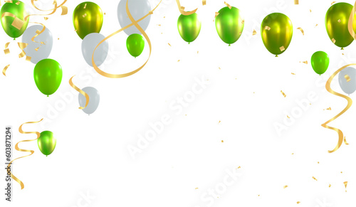 Illustration of green and white balloons with ribbons and confetti photo