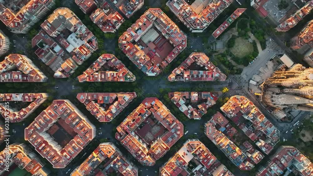 Aerial view of typical buildings of Barcelona cityscape. Eixample residential famous urban grid. Catalonia, Spain Aerial view of typical buildings of Barcelona cityscape. Eixample residential famous urban grid. Catalonia, Spain