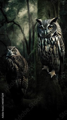 Image of an owl in the middle of the forest on natural background. Birds. Wild Animals. illustration. Generative AI.