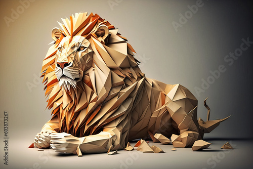 Image of paper origami art. Handmade paper lion. Wildlife. illustration, generative AI