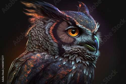 Image of colorful owl on dark background. Wildlife Animals. Bird. Illustration. Generative AI.
