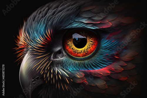 Image of colorful owl on dark background. Wildlife Animals. Bird. Illustration. Generative AI.