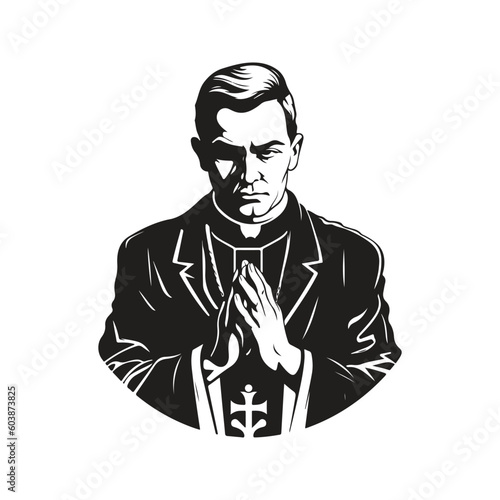 courageous priest, vintage logo line art concept black and white color, hand drawn illustration