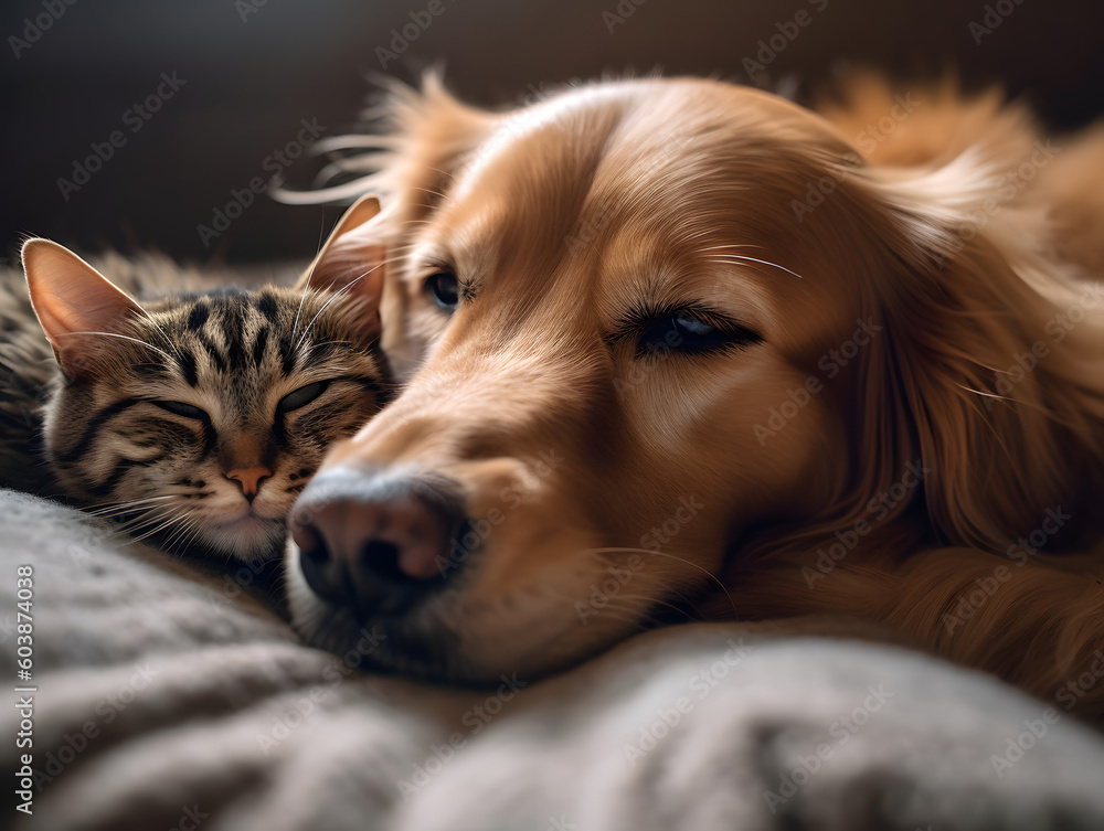 Katzen und Hunde kuscheln als beste Freunde Haustiere Generative AI