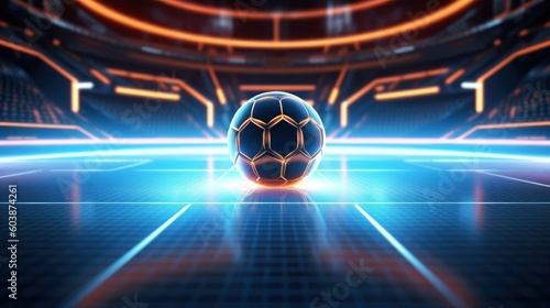 Naklejka Football in the center of a futuristic indoor soccer field or stadium with neon glowing lines background. Generative AI.