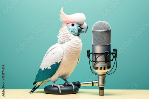 parrot talking on podcast microphone , Generative ai