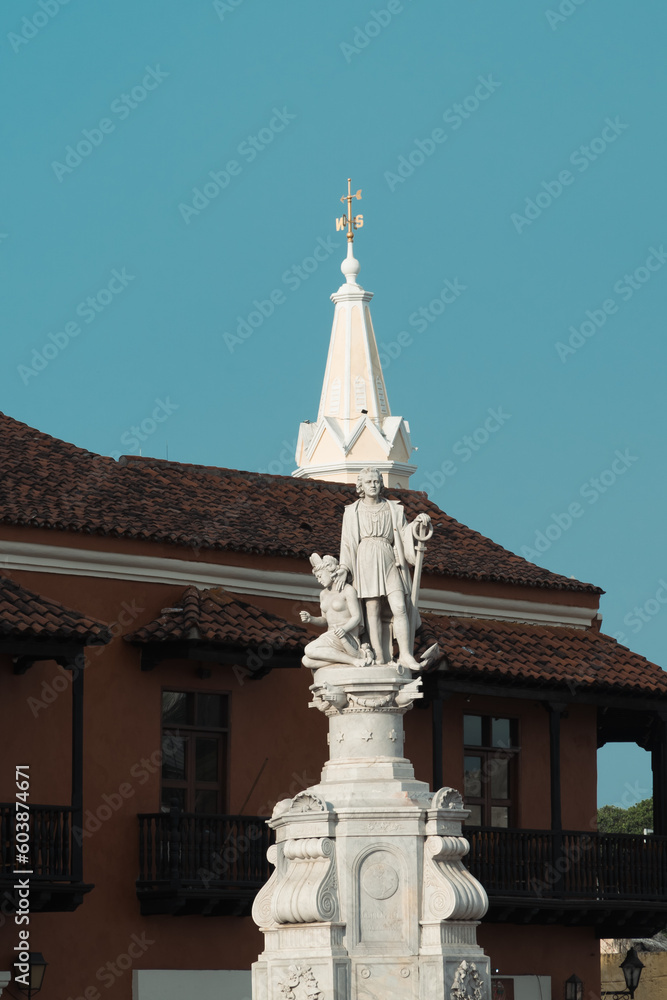 Cartagena, Bolivar, Colombia. March 14, 2023: Colon sculpture with blue sky.
