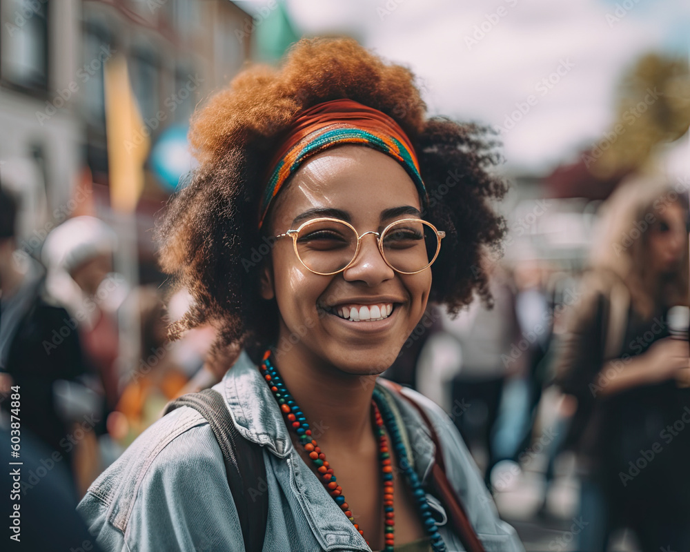 An American African woman wearing casual attire on a street, smiling An American African woman wearing casual attire on a street, smiling