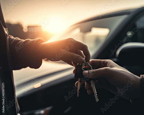 A person take the car key for the new car from another person 