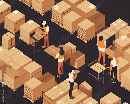 An illustration of workers inside a warehouse packing and delivering packed boxes