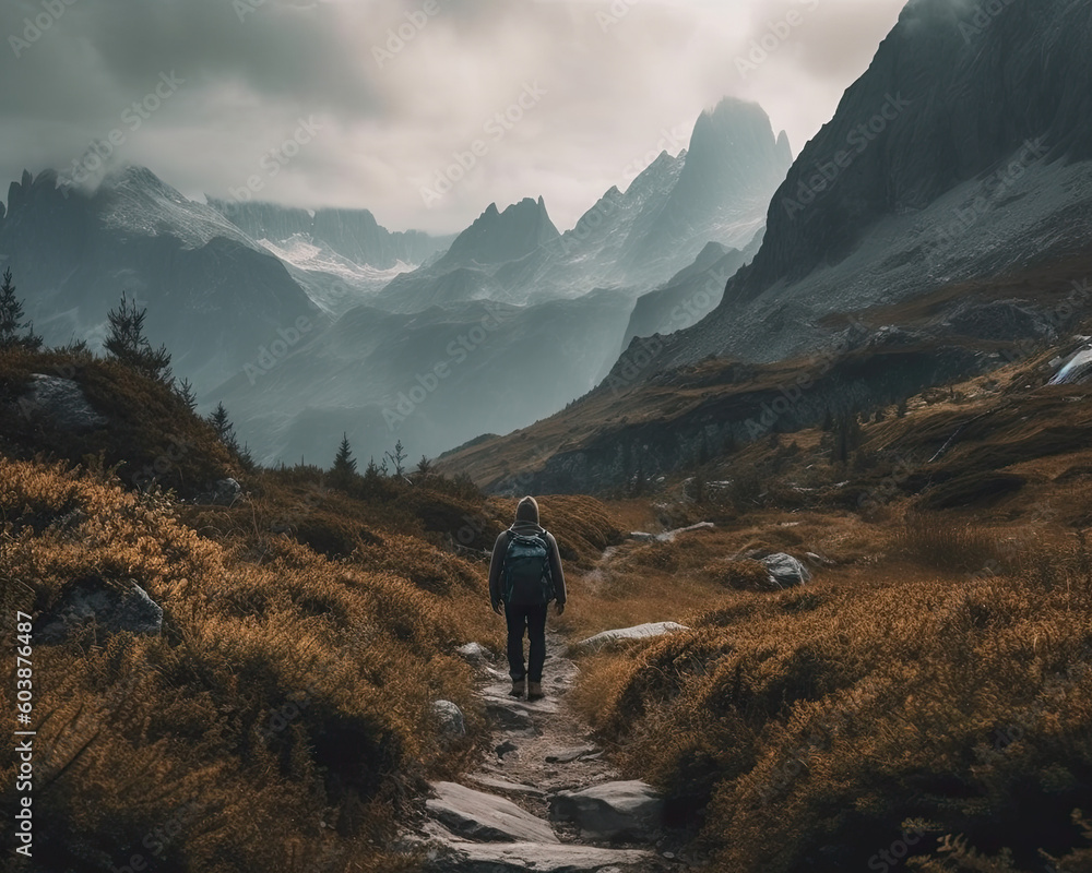 A hiker walking on a track into the beautiful wilderness surrounded by mountains