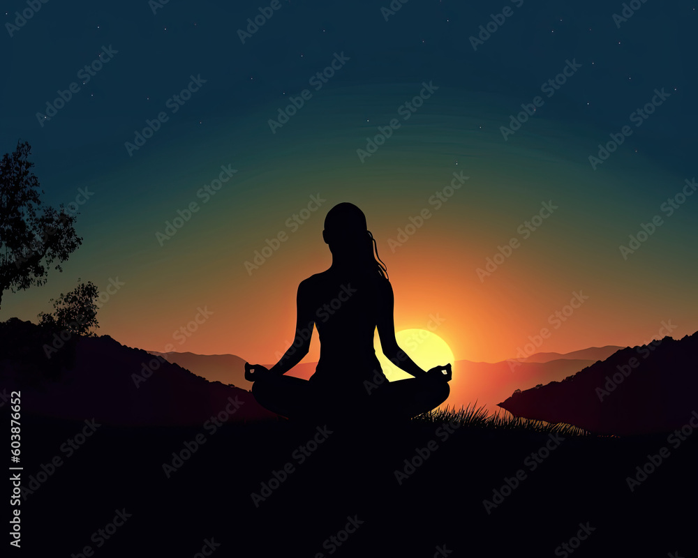 A woman mediate under a beautiful sunset
