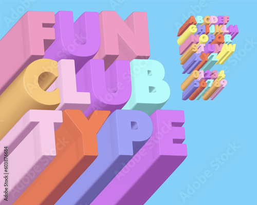 3D Colorful funk Designer Font set in vector format