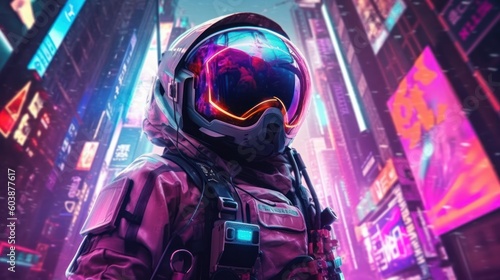 Astronaut in futuristic neon lights cyberpunk city. Neon pink blue violet night background. Generative AI. © Pro Hi-Res