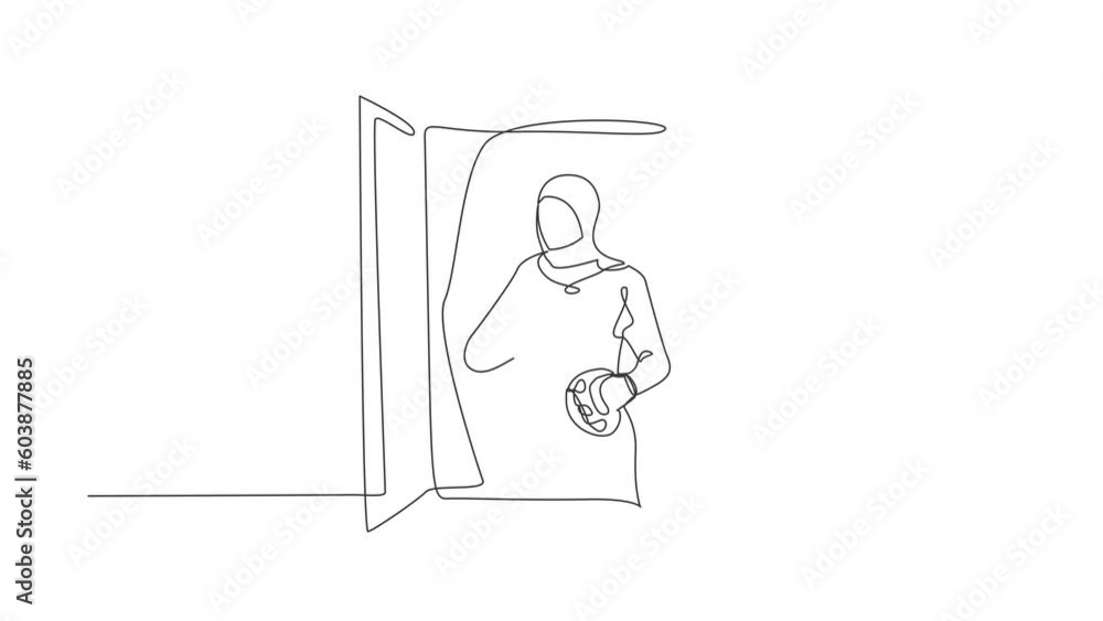 Self drawing animation of single one line draw Arabian woman painter drawing near window. Female holding paint brush, palette, sketching on canvas. Painting. Continuous line draw. Full length animated