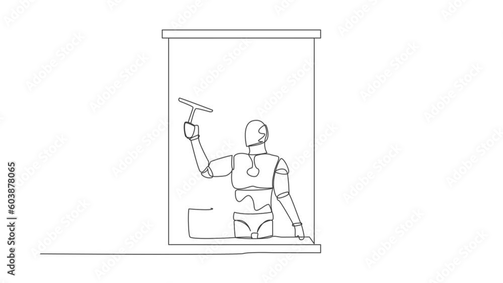 Self drawing animation of single line draw of robot cleaning windows with cleaner tools. Washing windows with bucket, detergent, wet rag. Artificial intelligence. Continuous line. Full length animated Self drawing animation of single line draw of robot cleaning windows with cleaner tools. Washing windows with bucket, detergent, wet rag. Artificial intelligence. Continuous line. Full length animated