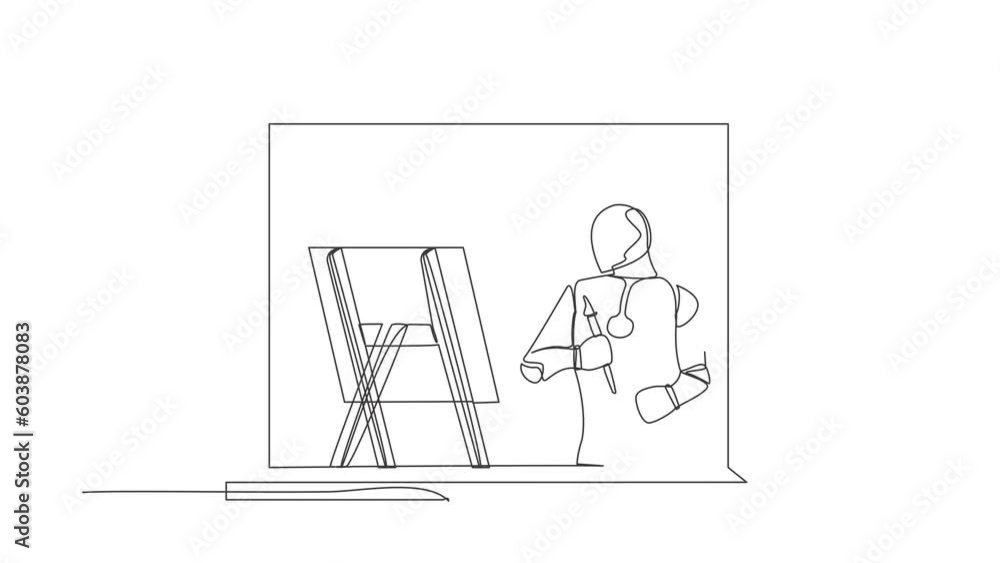 Animated self drawing of continuous line draw robot painter drawing indoor near window, holding paint brush palette, sketching on canvas. Future technology development. Full length one line animation Animated self drawing of continuous line draw robot painter drawing indoor near window, holding paint brush palette, sketching on canvas. Future technology development. Full length one line animation