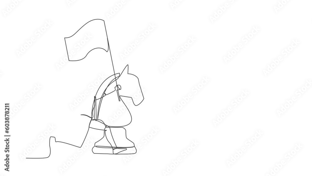 Animated self drawing of single continuous line draw happy businessman running and holding flag beside big horse chess piece. Business achievement goal, win competition. Full length one line animation Animated self drawing of single continuous line draw happy businessman running and holding flag beside big horse chess piece. Business achievement goal, win competition. Full length one line animation