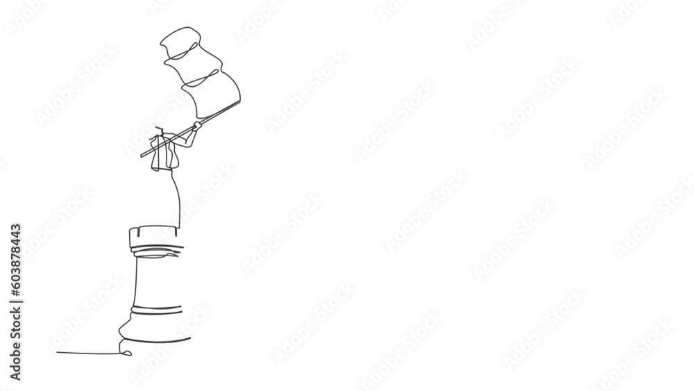 Self drawing animation of single one line draw businesswoman standing on top of big rook chess piece waving flag. Successful leadership. Winning competition. Continuous line draw. Full length animated Self drawing animation of single one line draw businesswoman standing on top of big rook chess piece waving flag. Successful leadership. Winning competition. Continuous line draw. Full length animated