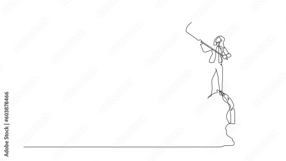 Self drawing animation of single line draw businesswoman standing on top of horse chess piece waving flag. Defeat competitors in business as winning game. Continuous line draw. Full length animated Self drawing animation of single line draw businesswoman standing on top of horse chess piece waving flag. Defeat competitors in business as winning game. Continuous line draw. Full length animated