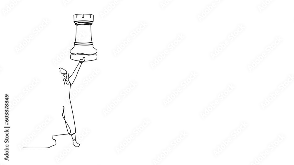 Animated self drawing of continuous line draw smart Arabian businessman holding rook chess piece. Tactical advantage, successful entrepreneurship tactics or strategy. Full length one line animation Animated self drawing of continuous line draw smart Arabian businessman holding rook chess piece. Tactical advantage, successful entrepreneurship tactics or strategy. Full length one line animation