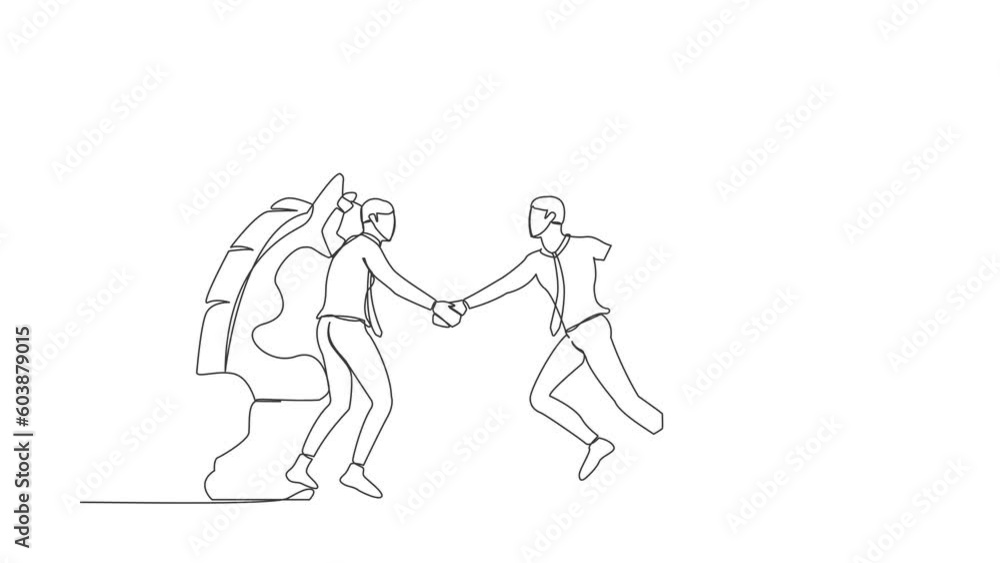 Animated self drawing of continuous line draw businessman competitors standing on horse chess piece, handshaking after finish agreement. Strategy, win-win situation. Full length single line animation Animated self drawing of continuous line draw businessman competitors standing on horse chess piece, handshaking after finish agreement. Strategy, win-win situation. Full length single line animation