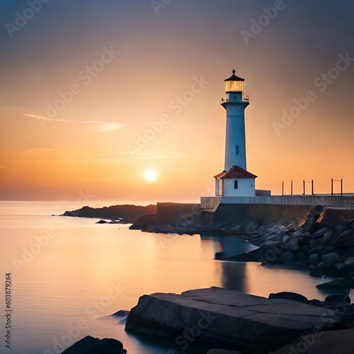 A lighthouse at sunset created by generative AI.