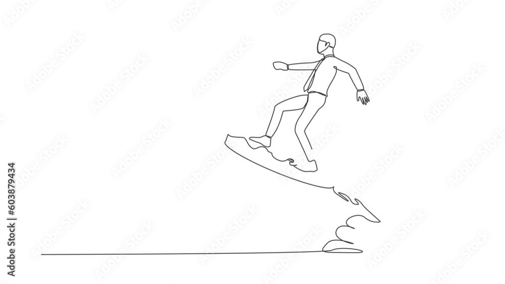 Animated self drawing of continuous line draw businessman riding dollar coin rocket flying in sky. Financial boost, business opportunity to success with competitors. Full length one line animation Animated self drawing of continuous line draw businessman riding dollar coin rocket flying in sky. Financial boost, business opportunity to success with competitors. Full length one line animation