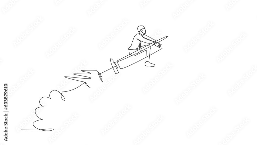 Animated self drawing of single continuous line draw of businessman riding syringe rocket flying in the sky. Concept of boosting health, vaccines, viruses, medicine. Full length one line animation Animated self drawing of single continuous line draw of businessman riding syringe rocket flying in the sky. Concept of boosting health, vaccines, viruses, medicine. Full length one line animation