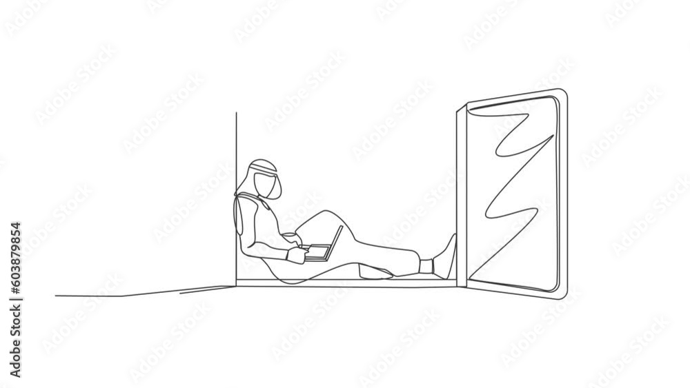 Animated self drawing of continuous line draw Arab man freelancer sitting on windowsill, working using laptop. Work from home. Online education, student study at home. Full length one line animation Animated self drawing of continuous line draw Arab man freelancer sitting on windowsill, working using laptop. Work from home. Online education, student study at home. Full length one line animation