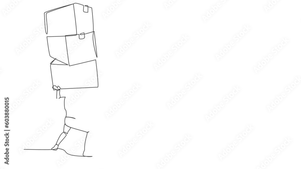 Animated self drawing of continuous line draw of tired robot carrying pile of box on back. Overworked cyborg with stack of cardboard. Humanoid robot cybernetic organism. Full length one line animation Animated self drawing of continuous line draw of tired robot carrying pile of box on back. Overworked cyborg with stack of cardboard. Humanoid robot cybernetic organism. Full length one line animation