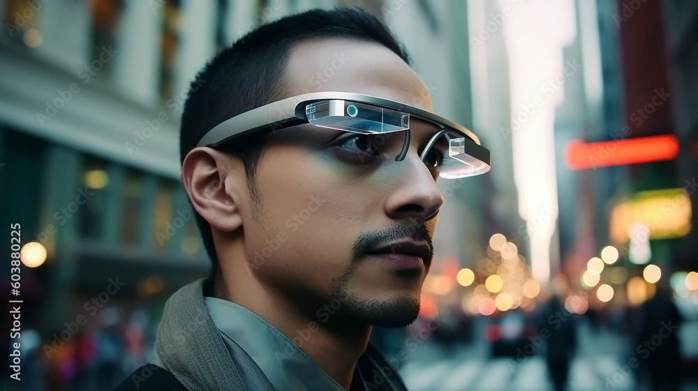 © ArtMart - Futuristic smart glasses concept to experience augmented reality, illustration, vector, graphic, by generative AI