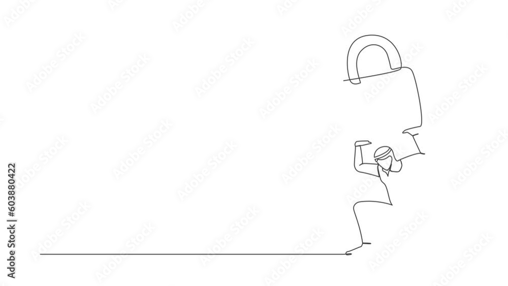 Self drawing animation of single line draw Arab businessman carrying padlock on his back. Unemployment or debt problem or bankruptcy concept, dying worker. Continuous line draw. Full length animated Self drawing animation of single line draw Arab businessman carrying padlock on his back. Unemployment or debt problem or bankruptcy concept, dying worker. Continuous line draw. Full length animated